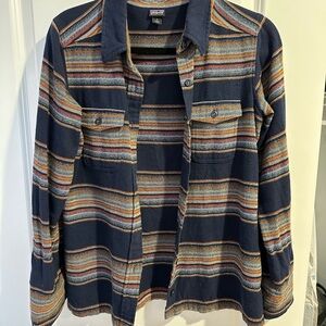 Patagonia Women's Striped Flannel Shirt Navy and Multicolor 100% Organic Cotton